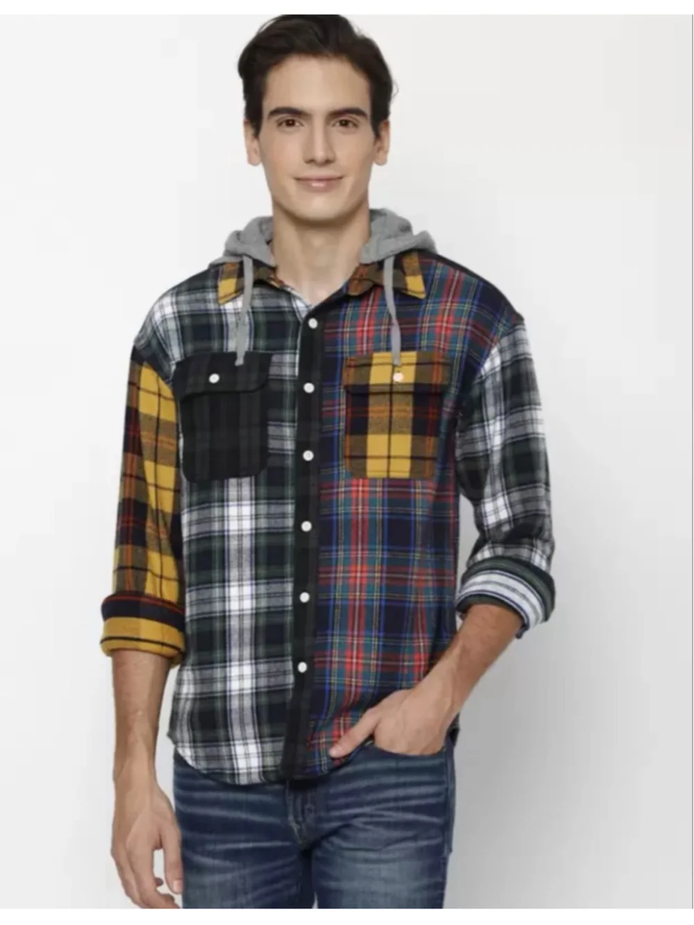 Mens American Eagle AEO Multi-color plaid Casual Shirt removable hood S Small